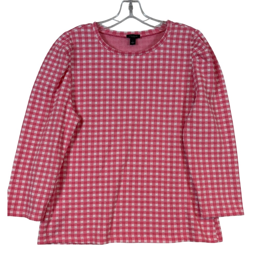 Ann Taylor Factory Pink Gingham Puff‎ Sleeve Top Womens •L• L/S Cottagecore Prep